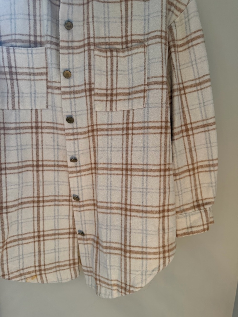 Cozy Plaid Shacket Jacket Cream Brown Oversized Button Front Size L - Picture 6 of 6